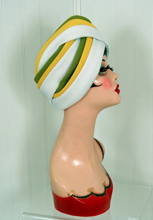 Women's 1960's Block-Color Mod Linen Shift Dress & Matching Turban-Hat