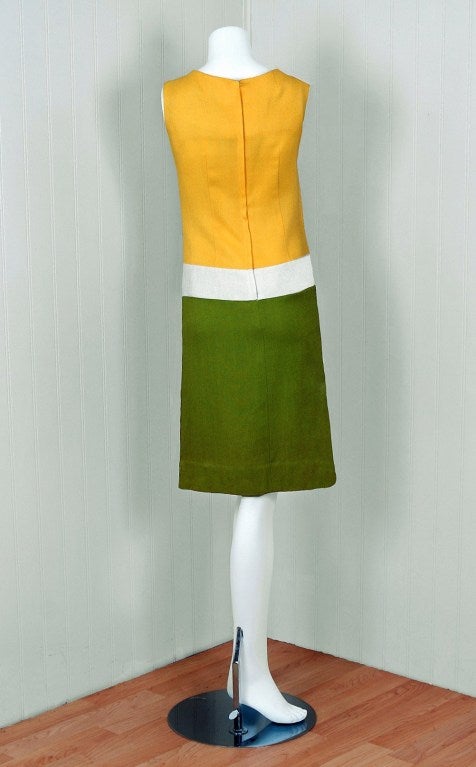 1960's Block-Color Mod Linen Shift Dress & Matching Turban-Hat 2