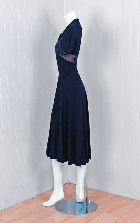 Women's 1940's Howard Greer Navy-Blue Beaded Silk-Rayon Cocktail Dress