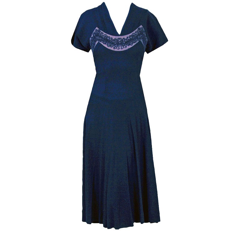 1940's Howard Greer Navy-Blue Beaded Silk-Rayon Cocktail Dress