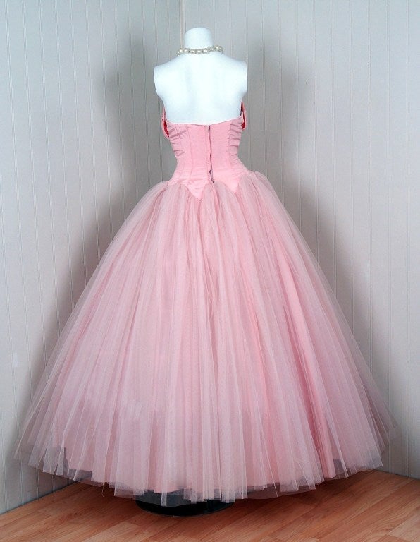 1950's Champagne-Pink Taffeta & Tulle Petal-Bust Strapless Gown 1