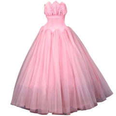 Retro 1950's Champagne-Pink Taffeta & Tulle Petal-Bust Strapless Gown