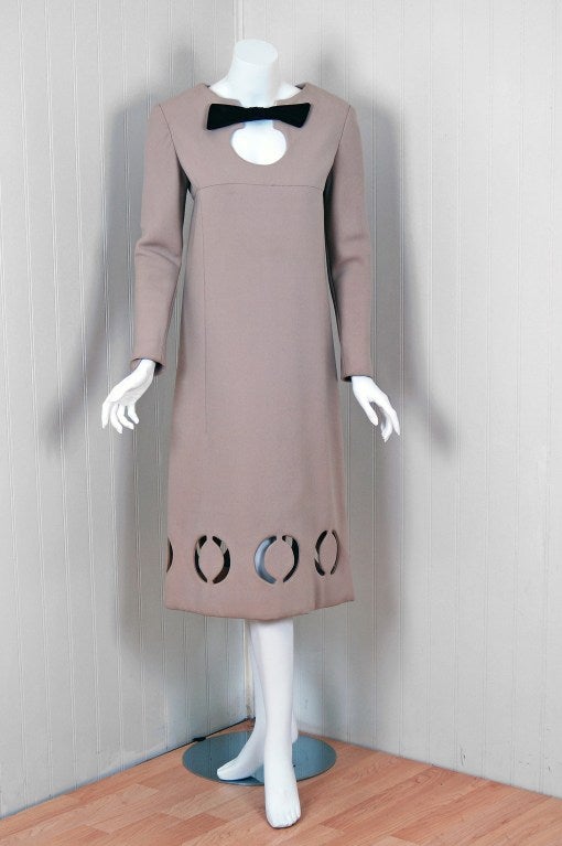 1960's Pierre Cardin Space-Age Taupe Cut-Out Mod Shift Dress
