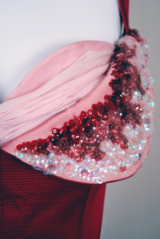 1950's Magenta-Pink Satin Sequin Petal Shelf-Bust Party Dress 1
