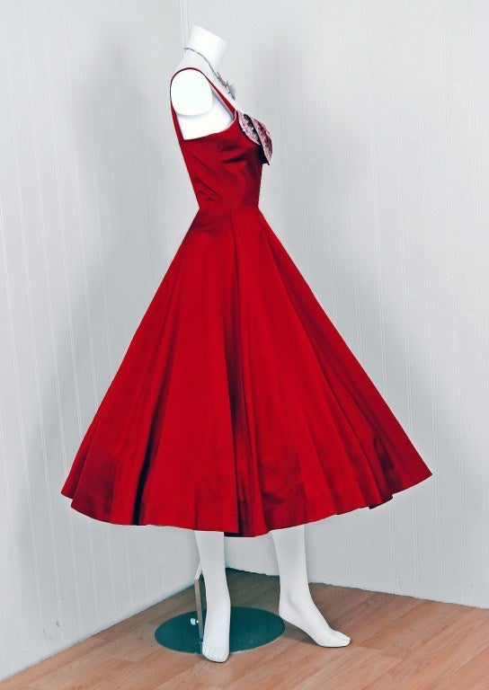 1950's Magenta-Pink Satin Sequin Petal Shelf-Bust Party Dress 2