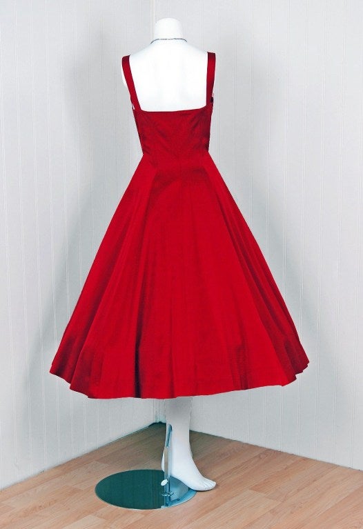 1950's Magenta-Pink Satin Sequin Petal Shelf-Bust Party Dress 3