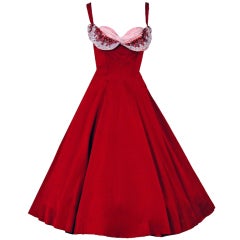 1950's Magenta-Pink Satin Sequin Petal Shelf-Bust Party Dress