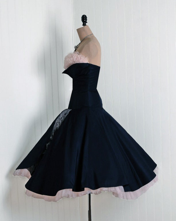 1950's Don Miguel Navy Taffeta Strapless Ruffle Full Party Dress 2