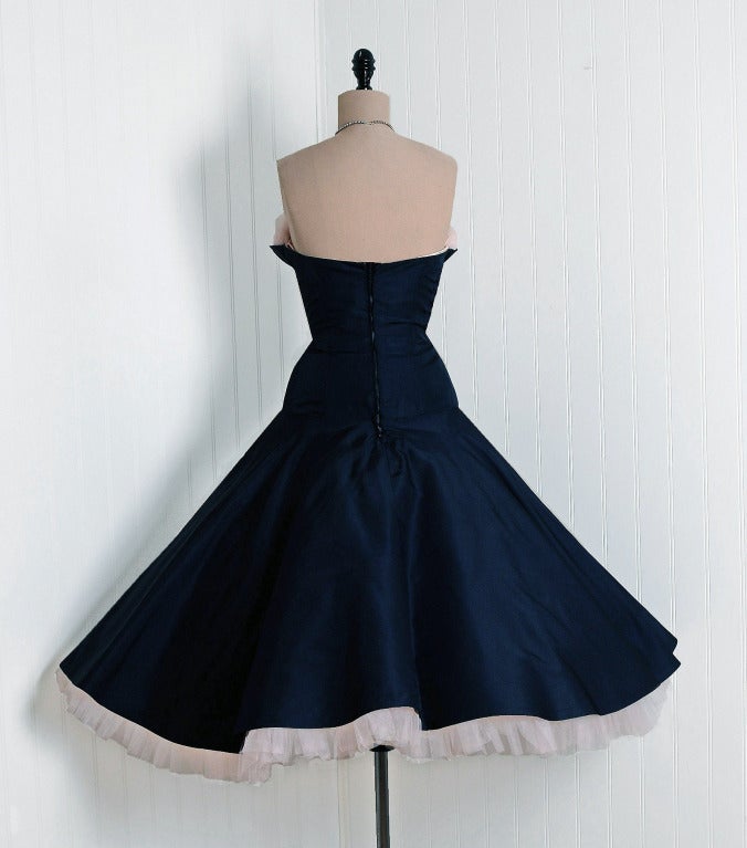 1950's Don Miguel Navy Taffeta Strapless Ruffle Full Party Dress 3