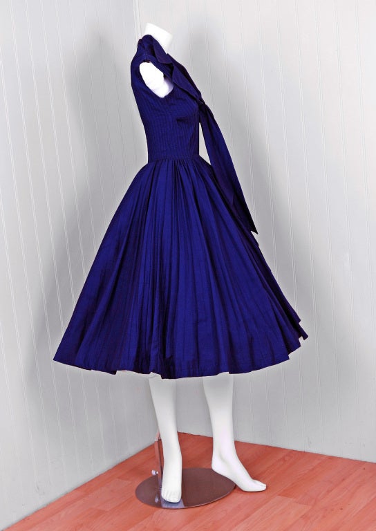 Women's 1950's Suzy Perette Cobalt-Blue Pintuck Cotton Sailor-Tie Dress