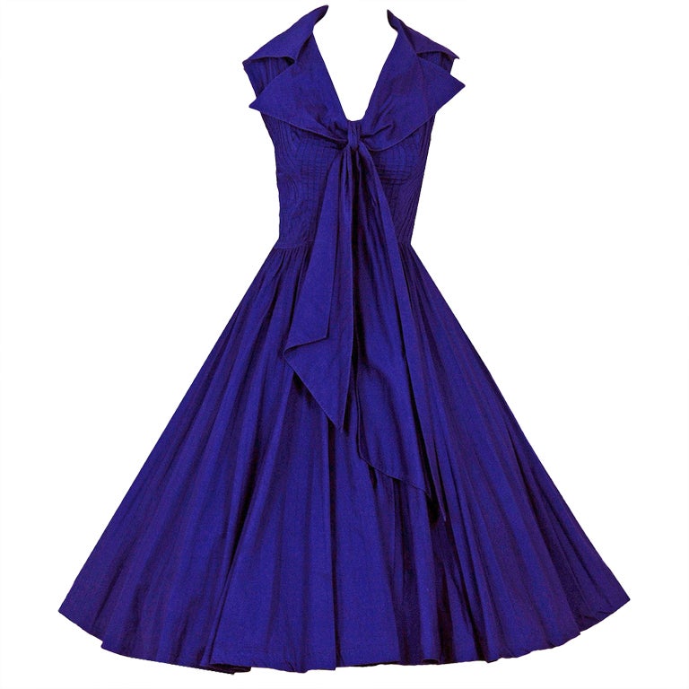 1950's Suzy Perette Cobalt-Blue Pintuck Cotton Sailor-Tie Dress
