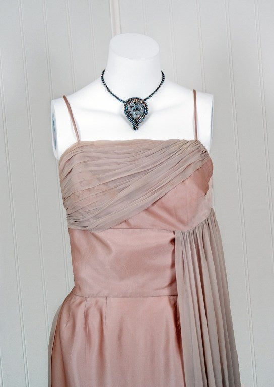 Brown Vintage 1950's Edward Abbott Blush Champagne Silk-Chiffon and Silk Draped Gown