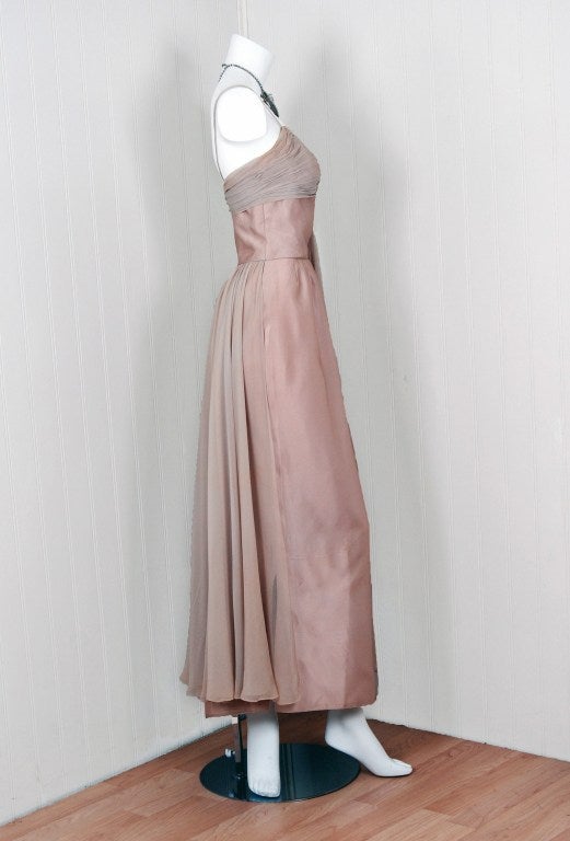 Vintage 1950's Edward Abbott Blush Champagne Silk-Chiffon and Silk Draped Gown In Good Condition In Beverly Hills, CA