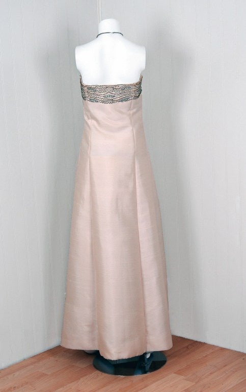 Women's 1960's Malcolm Starr Ivory Creme Beaded Rhinestone Silk Strapless Evening Gown