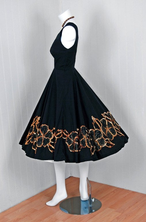 Women's 1950's One-Shoulder Mexican Sequin Floral-Print Cotton Dress