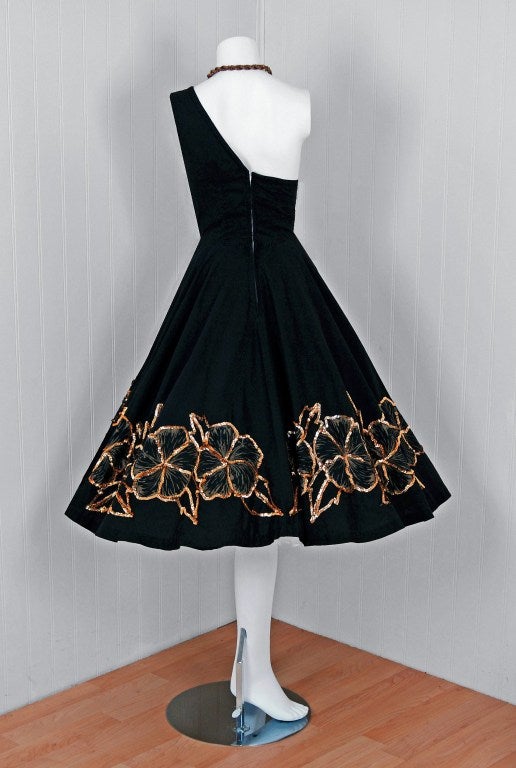 1950's One-Shoulder Mexican Sequin Floral-Print Cotton Dress 3