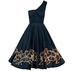 1950's One-Shoulder Mexican Sequin Floral-Print Cotton Dress