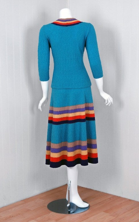 Blue Colorful Metallic Hand-Knit Rainbow Stripe Swing Sweater Dress Ensemble, 1940s 