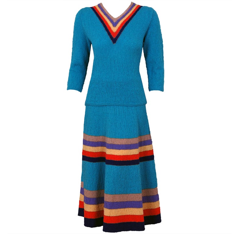 Colorful Metallic Hand-Knit Rainbow Stripe Swing Sweater Dress Ensemble, 1940s 