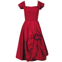 Retro 1950's Elegant Magenta-Pink Silk Asymmetric-Drape Cocktail Dress