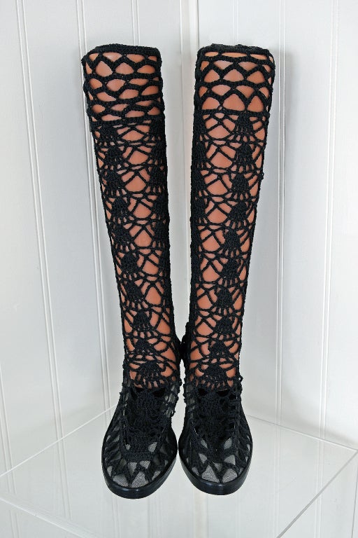 Women's 1960's Black Crochet-Lace Mod Knee-High Grecian Go-Go Boots