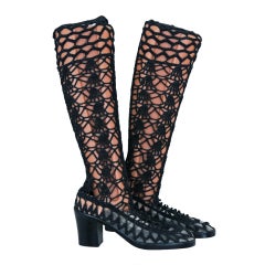 Retro 1960's Black Crochet-Lace Mod Knee-High Grecian Go-Go Boots