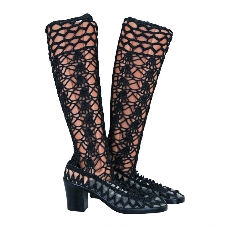 1960's Black Crochet-Lace Mod Knee-High Grecian Go-Go Boots