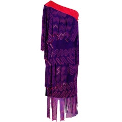 1970's Zandra Rhodes Purple Silk Hand Painted One-Shoulder Asymmetric Dress 6