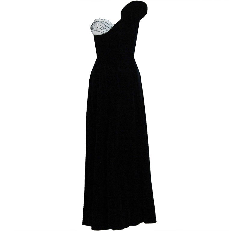 1940's Black Velvet Asymmetric One-Shoulder Bombshell Gown