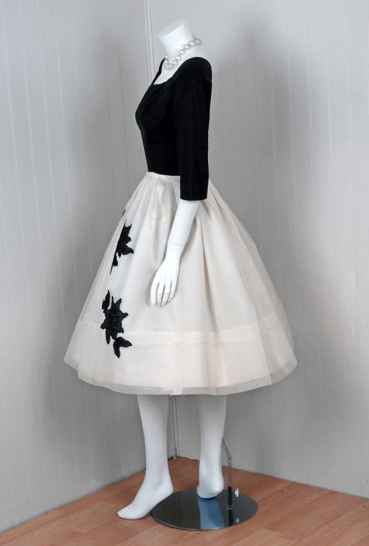 Women's 1950's Suzy Perette Black White Organza & Lace Full Party Dress