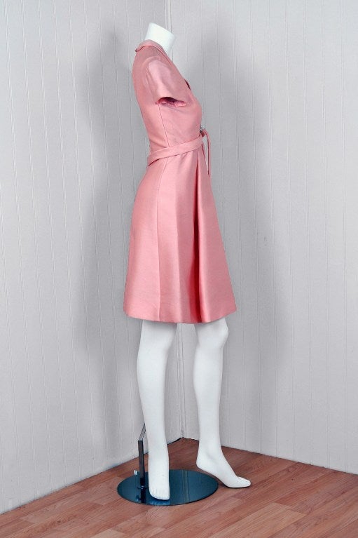 Women's 1960's Malcolm Starr Rhinestone Pink Silk-Dupioni Mod Cocktail Party Dress