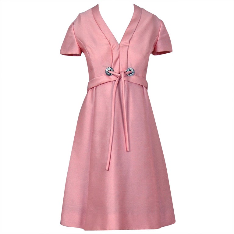 1960's Malcolm Starr Rhinestone Pink Silk-Dupioni Mod Cocktail Party Dress