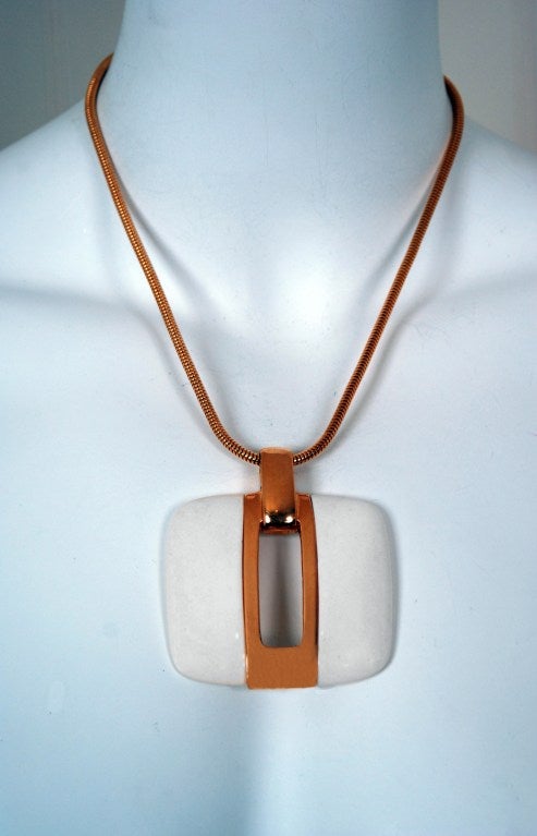1975 Lanvin Paris Over-Sized Ivory White Large Modernist Gold Pendant Necklace