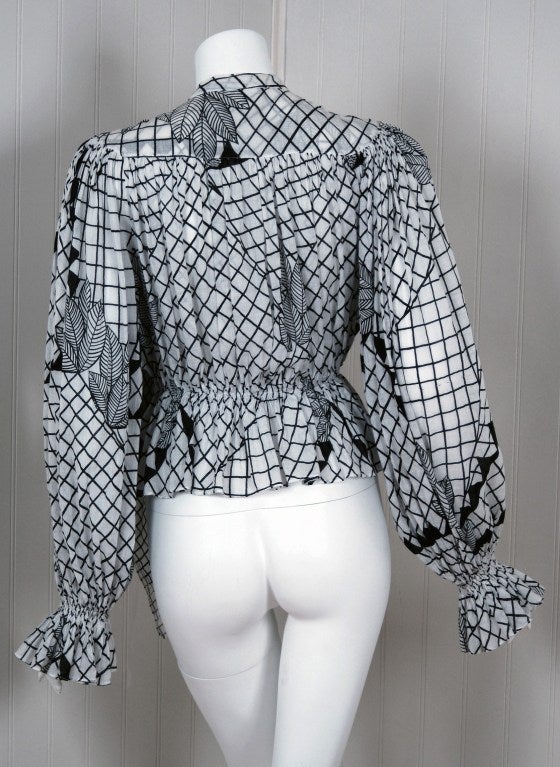 1970's Ossie Clark Black White Deco-Print Celia Birtwell Blouse 2