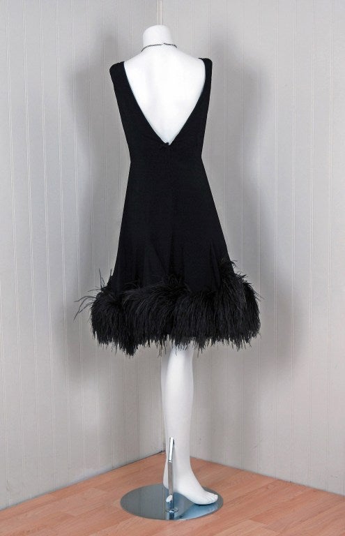 1950's Mr. Blackwell Black Crepe Ostrich-Feathers Cocktail Dress 2