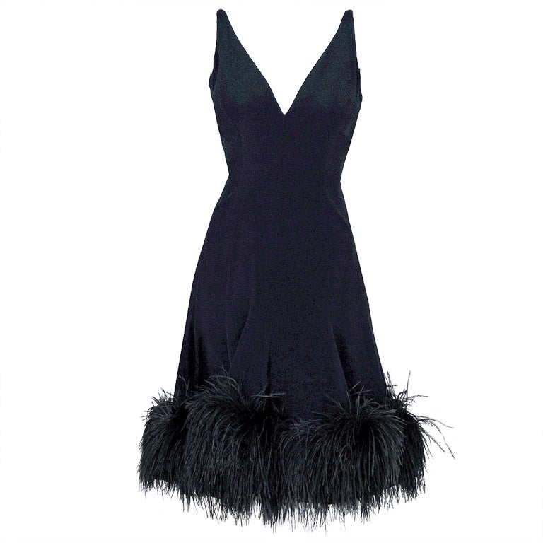 1950's Mr. Blackwell Black Crepe Ostrich-Feathers Cocktail Dress at 1stdibs
