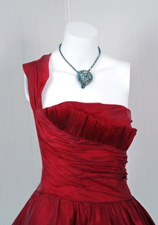 Women's 1950's Fred Perlberg Cherry-Red Silk One-Shoulder Party Dress