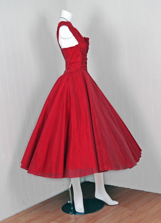 1950's Fred Perlberg Cherry-Red Silk One-Shoulder Party Dress 2