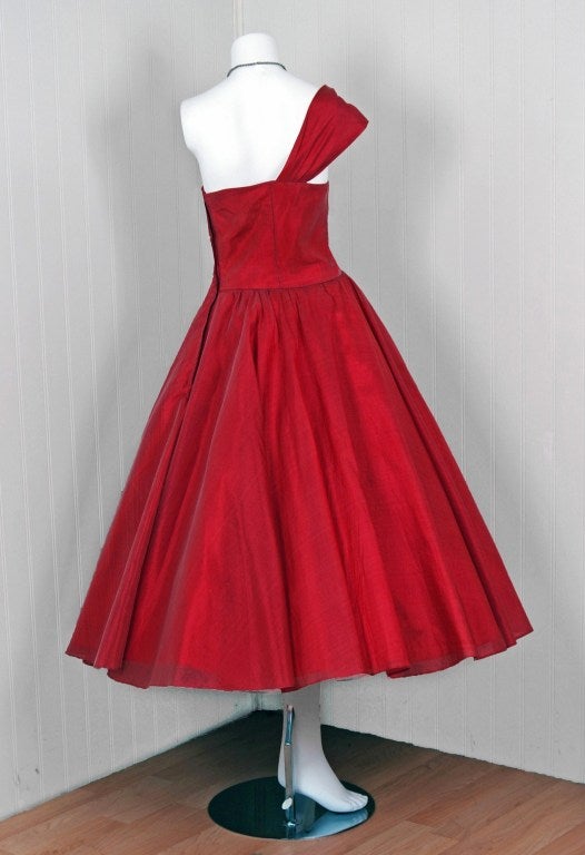 1950's Fred Perlberg Cherry-Red Silk One-Shoulder Party Dress 3