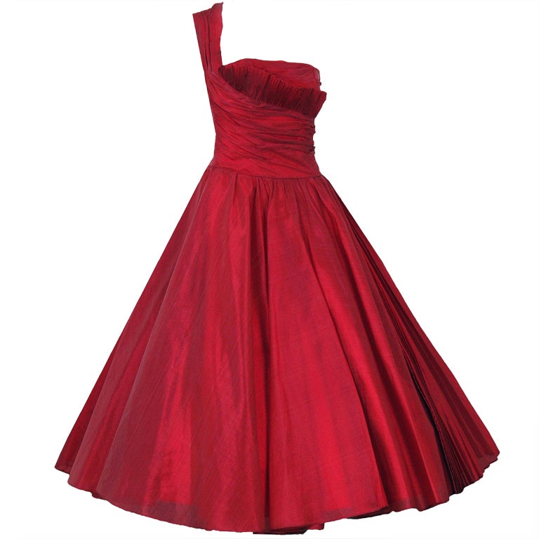 1950's Fred Perlberg Cherry-Red Silk One-Shoulder Party Dress