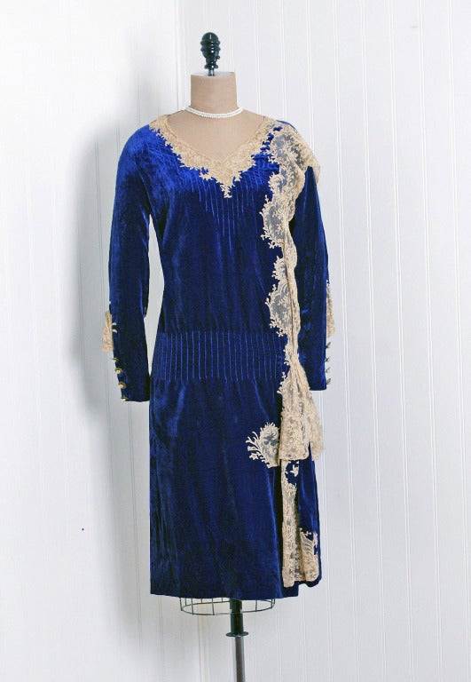 1920's Sapphire-Blue Velvet and Lace Evening Flapper Dress at 1stDibs