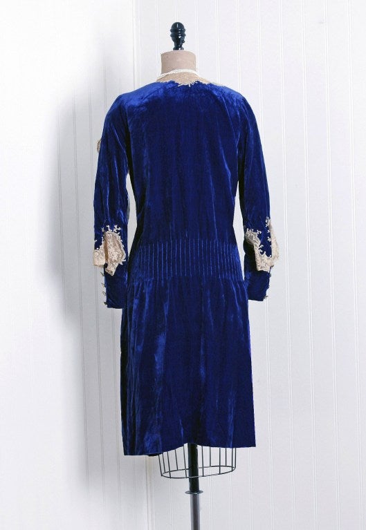 1920's Sapphire-Blue Velvet & Lace Evening Flapper Dress 2