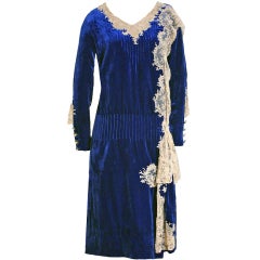 Antique 1920's Sapphire-Blue Velvet & Lace Evening Flapper Dress