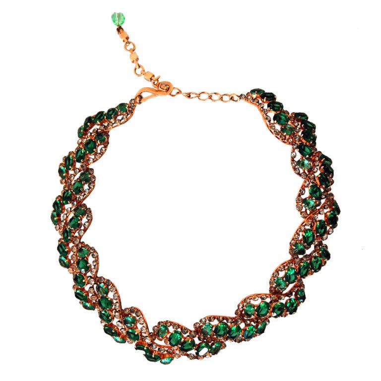 1958 Christian Dior Signed Emerald-Green Rhinestone Choker Necklace