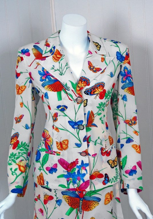 Women's 1990's Gianni Versace Butterfly Print Silk Mini Skirt & Jacket