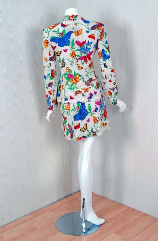 1990's Gianni Versace Butterfly Print Silk Mini Skirt & Jacket 3