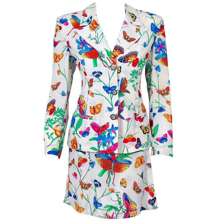 1990's Gianni Versace Butterfly Print Silk Mini Skirt & Jacket