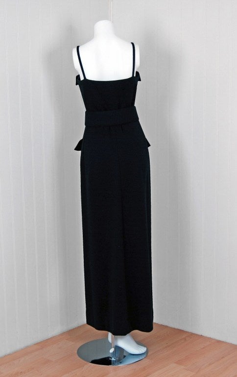 1970's Geoffrey Beene Black Wool Belted Hourglass Maxi Dress 1