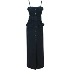 1970's Geoffrey Beene Black Wool Belted Hourglass Maxi Dress