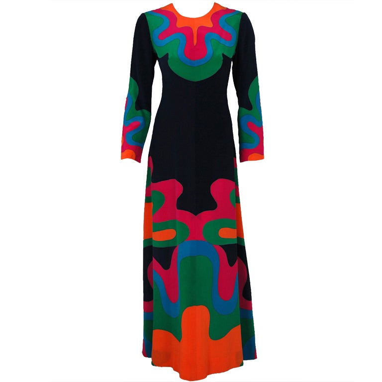 1960's French Couture Space-Age Graphic Pure-Silk Mod Maxi Gown
